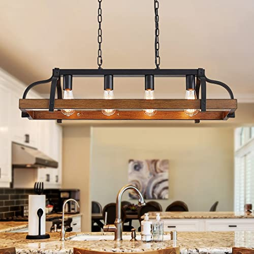 WUZUPS 4-Flammen-Metall-Topf-Hängeregal Kronleuchter Holzimitat lineare Pendelleuchte Deckenbeleuchtung rustikale Bauernhausbefestigung Kücheninsel Esszimmer, H25 x L88 x B30, E27-Sockel, Schwarz
