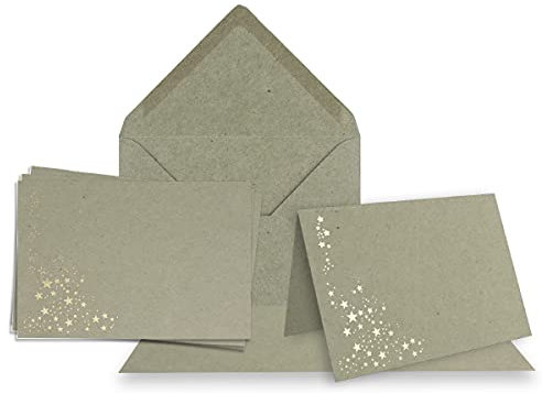 NEUSER PAPIER Faltkarten-Set mit Umschlägen DIN A6 - Kraftpapier Grau mit goldenen Metallic Sternen - 30 Sets - für Drucker geeignet Ideal für Weihnachtskarten