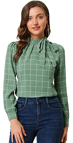 Allegra K Women's Work Shirt Grid Checks Bow Tie Blouses for Women Medium Green
