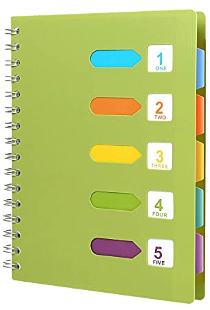 Notizbuch Register Ringbuch Liniert Spiralblock Notizblock Skizzenblock | A5 Tagebuch Gut mit 5 Index Fahnen für Memos,120 Blatt/240 Seiten (Grün)