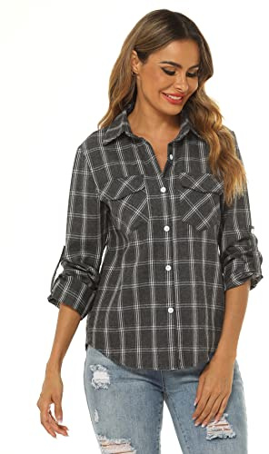 Ietaoo Karierte Bluse Damen Karohemd Langarmshirt Casual Boyfriend Hemd Oberteile Button Down Hemdbluse Plaid Shirt Top