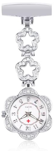 Tiong Clip-on Brooch Nurse Pocket Watch, Flower Design Quartz Nurse Pocket Watch, Silver Medical Pocket Watch for Women