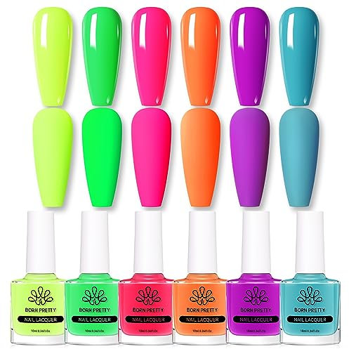 BORN PRETTY Neon Nail Polish Set Hot Pink Green Yellow Orange Fluorescent Nail Varnish Set for Holiday Party Color Nail Polish 6Pcs 10ml