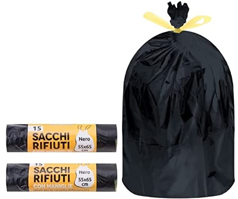 10 ROTOLI SACCO RIFIUTI PATTUMIERA 55X65 CM 15 SACCHETTI COLORE NERO CON LEGACCIO TOTALE 150 PEZZI