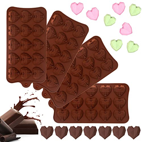 MUYULIN Kleine Diamant-Herz-Silikon-Schokoladenformen, 4 Packungen (4 x 15 Mulden), zum Backen von Schokoladenbomben, Mini-Liebesherz-Süßigkeiten