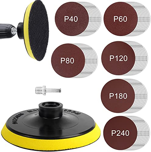 Schleifscheiben Pad Kit Schleifteller 150mm Klett, 60 Stück schleifpapier mit M14 Schleifpad und Schaft für Winkelschleifer Bohrschleifer, Körnung 10x 40/60/80/120/180 für Holz Metall