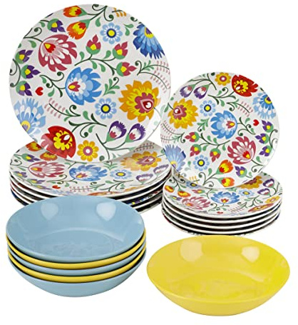 Baroni Home Servi Assiettes 18 Pièces en Porcelaine et Grès, Service d’Assiettes de Table pour 6 Personnes, Plats Colorés de Table, Fantaisie Fleurs