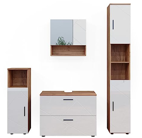 Vicco Badmöbel-Set Irma, Weiß Hochglanz/Goldkraft Eiche, 80 cm | besteht aus Waschbeckenunterschrank, Spiegelschrank, Hochschrank und Midischrank