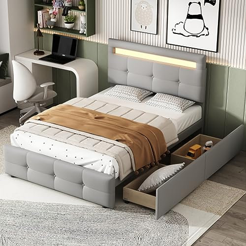 Tcewhhy Polsterbett 90x200 cm Mit LED-Leuchten Und 2 Schubladen Jugendbett Für Erwachsene Und Jugendliche Bett Mit Stauraum Einzelbett Kinderbett Leinenpolsterung Flach Gästebett Grau