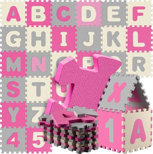 SPIELWERK 86-teilige Puzzlematte Baby Pink | ABC Matten für Kinder Spielunterlage Boden Krabbelmatte, Kinderzimmer Puzzleteppich Spielteppich für Kinder, Spielen & lernen