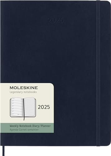 Moleskine Weekly Planner, Agenda Settimanale con Spazio per Note 12 Mesi 2025, Copertina Morbida e Chiusura Elastica, Colore Blu Zaffiro, Formato Extra Large 19x25 cm