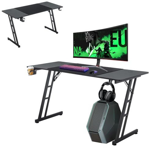 Froadp Gaming Schreibtisch 140x60cm Z-förmiger PC Gaming Tisch Schwarz Kohlefaseroberfläche Ergonomischer Computertisch mit Getränkehalter und Kopfhörer Haken 150 kg Belastbarkeit