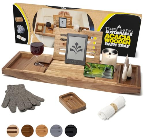 Temple Spring Estante Baño, Acacia Bandeja Baño, Bandeja Bañera Extensible, Accesorios Bañera - No Teca