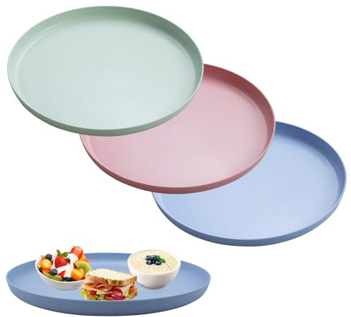 Rongxze Lot de 3 bacs à gazon, 30,5 x 2,5 cm, plateau de service rond, grands plateaux en plastique, pour fruits, café, pain, thé, bar, restaurant et cuisine (rose, bleu, vert)