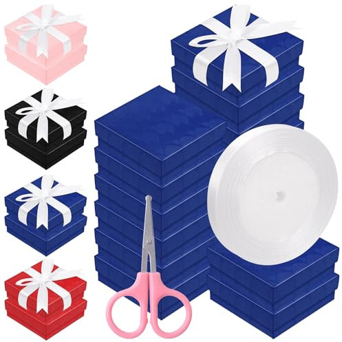 Keadic 17 scatole regalo in cartone per gioielli, 7,6 x 7,6 x 2,5 cm, con nastro antimacchia e forbici, organizer per gioielli con coperchi e cotone per anelli, collane, bracciali, orecchini (blu