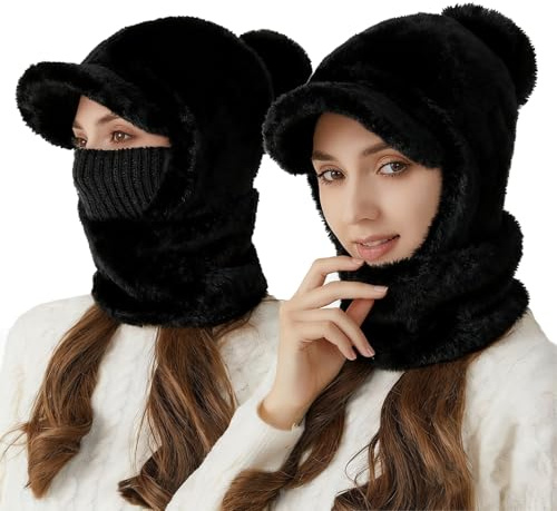 TAGVO Stickade vintermössor för kvinnor och flickor, varm halsduk med huva i ett stycke, tjock fleecefodrad balaclava, vindtät mask, nackskydd och öron för utomhussport, svart, One Size
