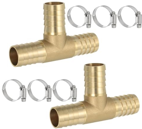 PATIKIL 1 Zoll Messing T Stück Wasseranschluss, 2 Stück 3 Wege T-Schlauchverbinder Verbindungs T Form mit Schlauchschellen für Wasser Luft Druckluftschlauch Gas Öl Rohr, Golden