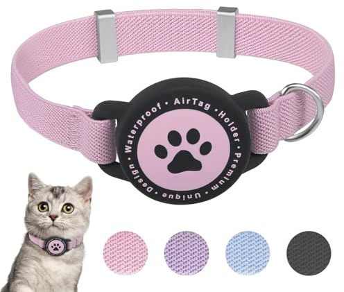 Airtag Collar de Gato Elástico, con Soporte para Apple Air Tag Soporte, Ligero y Cómodo, Ultra Elástico GPS, Collares para Gatos, Gatitos y Cachorros (Rosa)