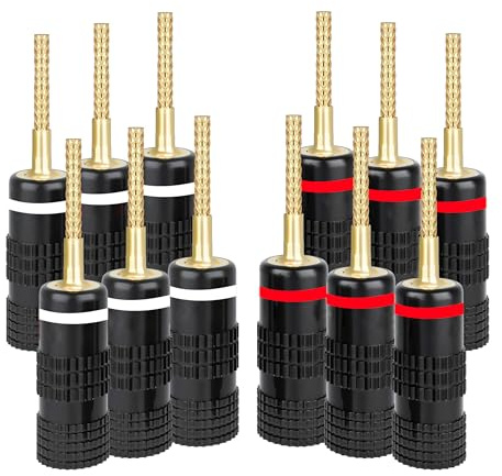 MACHSWON Flex Pin Banana Plugs 24K Gold Plated Pin Plug Type Speaker Connector for Speaker Wire, Home Theater, Wall Plate, Audio/Video Receiver and Sound Systems(6 Pairs/12 Pcs;Random Color Label)