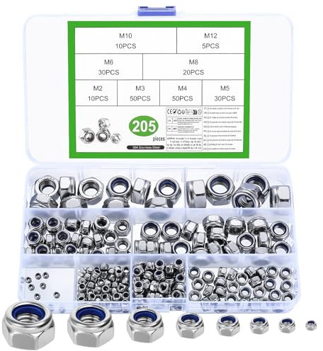 205 Pcs Nylock Nuts, Self Locking Nuts, Nylon Insert Lock Nuts, Carbon Steel Silvery Hex Nuts, Thread Hexagon Nuts with Nylon Inserts for Bolts Screws Components, M2 M3 M4 M5 M6 M8 M10 M12