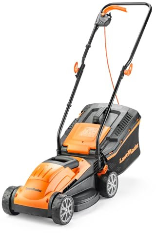LawnMaster 1200W Electric Lawn Mower with 32cm cutting width, ideal for small lawns. With 5 adjustable cutting heights and rear roller for striped finish, 2 year guarantee