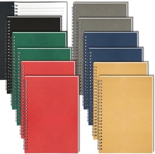 Notizbuch A5 Liniert 12 Stück, 60 Blätt Spiral Notizblock für Schule Büro | 21x14.5cm Notizbuch Spiralbindung Farbe Blanko Kraft Cover Notizheft Klein Spiralblock für Geschenk Unterwegs Office
