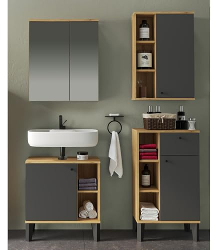 Lomadox Badmöbel-Set 4-teilig mit Waschbeckenunterschrank 60 cm, Spiegelschrank, in Eiche und Grau, modern