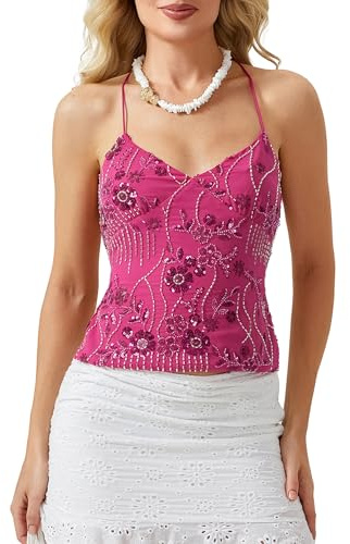 Damen Camisole mit Pailletten und Perlen, kurzes Cami-Top im Y2K-Stil für den Ausgeh-Look, sexy ärmelloses Party-Top, glänzende Clubwear, S