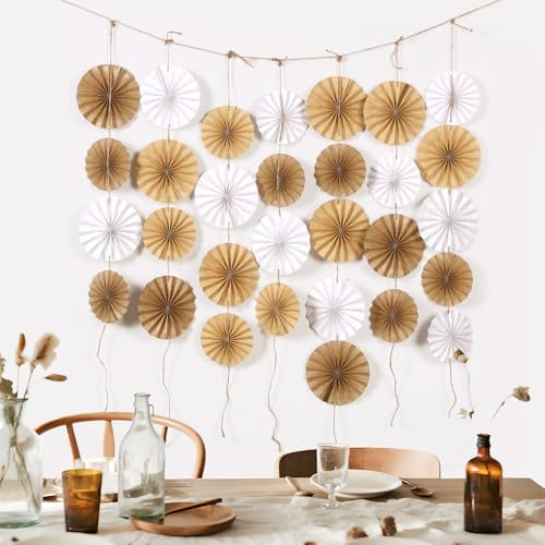 SUNBEAUTY 30 Stück Herbst Party Dekorationen Holzoptik Weiß Braun Neutral Rustikale Boho Hängende Papierfächer Hanging Girlande für Hochzeit Geburtstag Tischdeko Baby Shower Klassenzimmer Dekoration