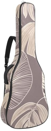 Akustikgitarre Tasche 1cm Dicke Polsterung, Wasserdicht Oxford Tuch Gitarrentasche Rucksack für 40-42 Zoll E-Bass Klassische Gitarren, Tropisches Blatt Umrissmuster Neutrale Töne, Mehrfarbig 02