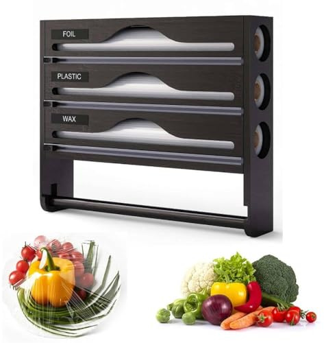 5 in 1 Foil Dispenser and Cutter,Foil Film Dispenser and Cutter,Wrap Dispenser with Cutter,Cling Film Dispenser,Bamboo Organiser Storage Wall Mounted Cutter Organizer for 12'' Rolls