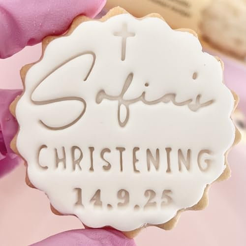 Customised Fondant Stamp Embosser, fits M&S Butter Biscuits Cookies Personalised to Any Name and Date Christening First holy Communion Birthday Party Stencil Marks and Spencers with Free Cutter