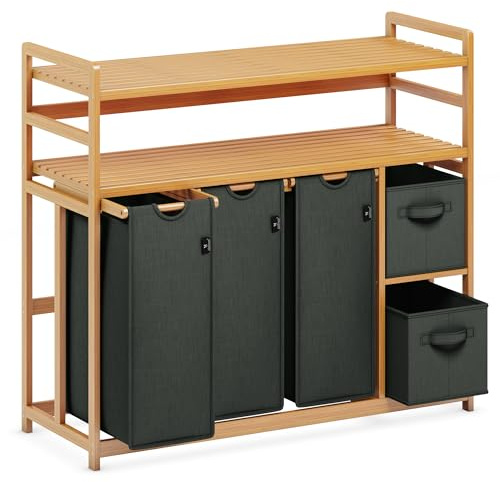AdelDream Wäschekorb 190L, 5 Fächer Wäschesammler, 2 Ablagen, Bambus | Wäschesortierer mit 3 x 50L Säcken, 2 x 20L Boxen, ausziehbar, Dunkelgrau