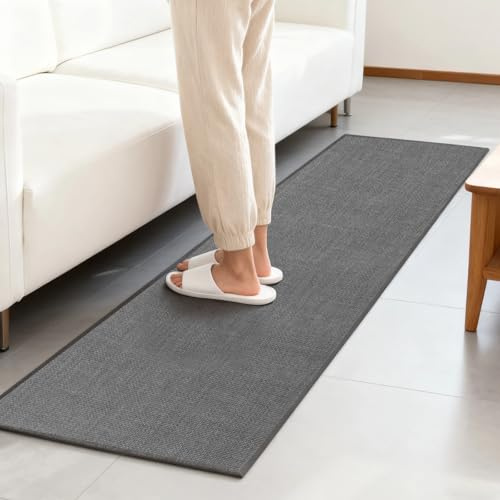 Varku küchenteppich waschbar rutschfest 43,5 x 180 cm, Leinen Küchenmatte, Läufer Flur, gewebter Stil, weich, langlebig, leicht zu reinigende Bodenmatte für Küche, Waschküche, Dunkelgrau