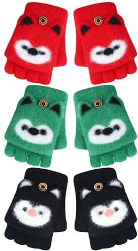 Geyoga 3 Pair Kid Fingerless Gloves Convertible Flip Top Gloves Winter Warm Half Finger Mitten for Kid Boy Girl 1-4 4-7 Year(Red, Black, Green,4-7year)