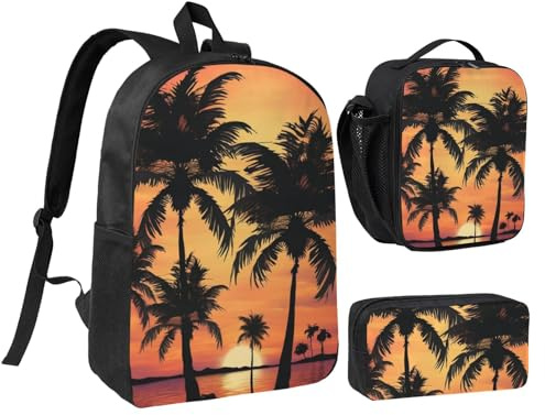 LXqlSS Mochila con estampado de palmera para uso diario, juego de 3 mochilas con lonchera y estuche para lápices