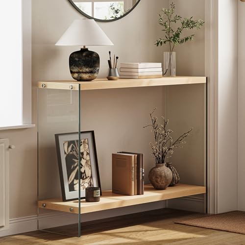 Artloge Konsolentisch schmal Holz Flurtisch rechteckig: Eingangstisch 100 x 30 x 76 cm mit 2 Ablagen, Beistelltisch mit gehärteten Glasbeinen, Sofatisch für kleinen Raum, Wohnzimmer, Flur, Büro