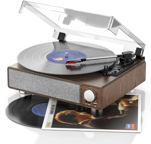 MONODEAL Vinyl Plattenspieler mit 3-Gang 33/45/78 U/min, Schallplattenspieler mit Lautsprecher und Bluetooth, Auto-Stopp, Retro Vinyl Player mit Cinch-Ausgang/USB/Kopfhöreranschluss