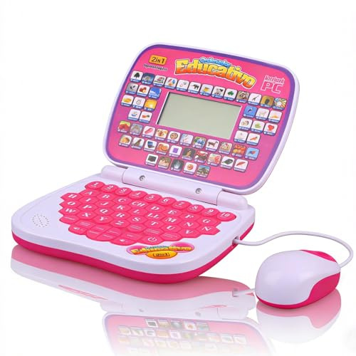 ZJchao Bilingual Kids Laptop, Interactive Music Function Rereading Keyboard Educational Early Reread Machine with English&Spanish for Toddlers Children (Pink)