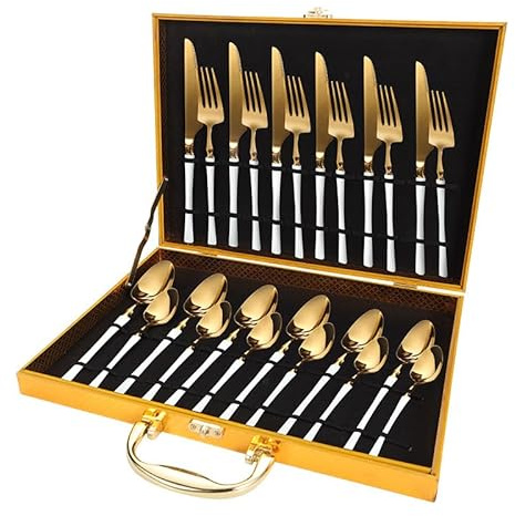 Cuillères-fourchettes en acier inoxydable, Service de vaisselle, couverts en argenterie, coffret cadeau haut gamme acier inoxydable 24 pièces, couteau à steak, fourchette et cuillère(White Gold)