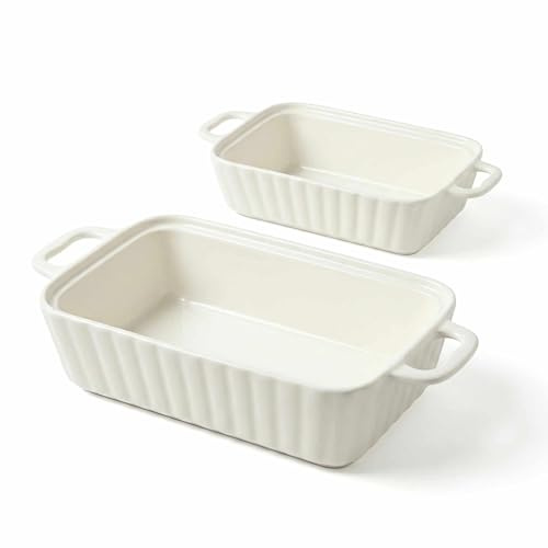 Classic White Ceramic Baking Dish Set 2, Rectangular Casserole with Ribbed Texture, 28x19.3x6.5cm, Double Handles, Oven-Safe Stoneware, 1.2L Capacity