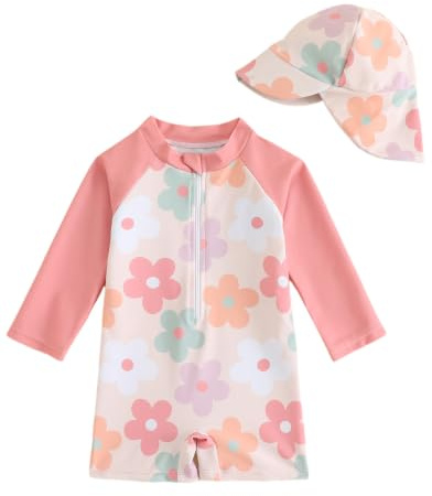 Baby Swimsuit Newborn Boy Girl Rash Vest Set 0M-3T, Long Sleeve UPF 50+ Infant Swimming Costume with Hat, Zipper Toddler One Piece Rash Guard Swimwear
