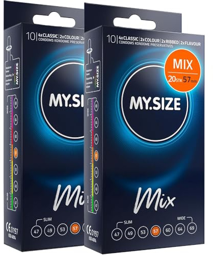 MY.SIZE Mix kondomer 57 mm 20 stycken – Storlek XL | Varianter: blå, röd med jordgubbssmak, räfflad, natur | Premiumkondomer | Tyskt varumärke | Tjocklek 0,07 mm | av naturgummilatex