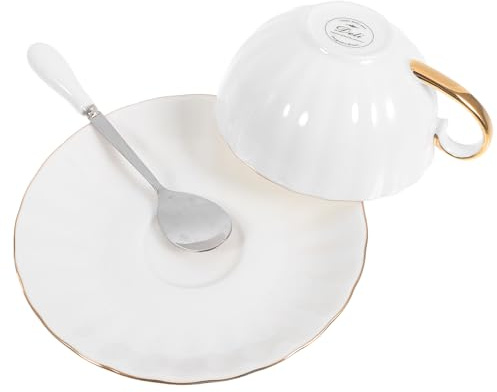 OSALADI Service à Café en Porcelaine Osseuse Blanche Bordure Dorée, Tasse et Soucoupe 220 Ml, Ensemble 2 Pièces, pour Thé, Salon de Thé et Usage Domestique