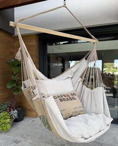 Izabell Poltrona sospesa con grande cuscino – XXL sedia a dondolo e amaca per interni ed esterni – Coffee Swing in sacchi di iuta di torrefazione caffè beige m2