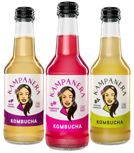 Kampanera - Pack Kombucha Clásicos - 12 Botellas de 250 ml - Cítricos Albahaca - Frambuesa Hibisco - Original Té Verde y Té Negro - Kombucha Artesanal - Fermentación Natural