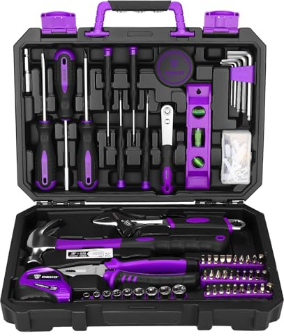 DEKO 100 Piece Tool Kit Complete Home Tool Set with Claw Hammer, Djustable Wrench, Combination Pliers, Screwdriver Set, Tape Measure - Basic Household Repair Toolbox for DIY Projects(Purple)