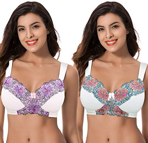 Curve Muse Talla Grande para Mujer,minimizador,inalámbrico,Sujetador sin Forro con Encaje Bordado-Paquete de 2-Suero De La Leche,Tinte De Orquídea-95C