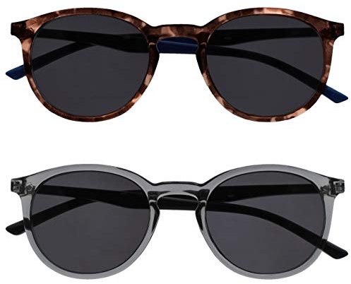 OPULIZE Met Sonnen Leser Brille 2er Pack Schlank Runder Rahmen Federscharniere Kratzfeste Getönte Linse UV400-Schutz Braun Transparent Grau Herren Damen SS60-27 +1.50