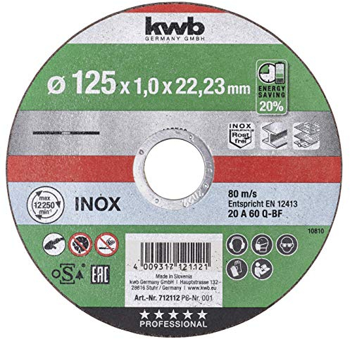 kwb AKKU-TOP extra dünne Trenn-Scheibe 125 mm Speed, 125 x 1 für Winkel-Schleifer, Flexscheibe geeignet für Edelstahl + Metall, Bohrung 22,23 mm, 125x1,0